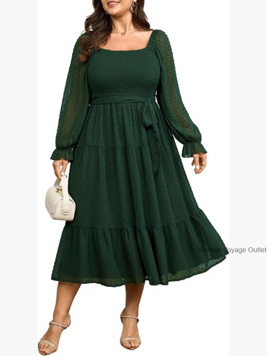 Dresses & Skirts - Women's Plus Size Long Sleeve Square Neck Chiffon Smocked A Line Ruffle